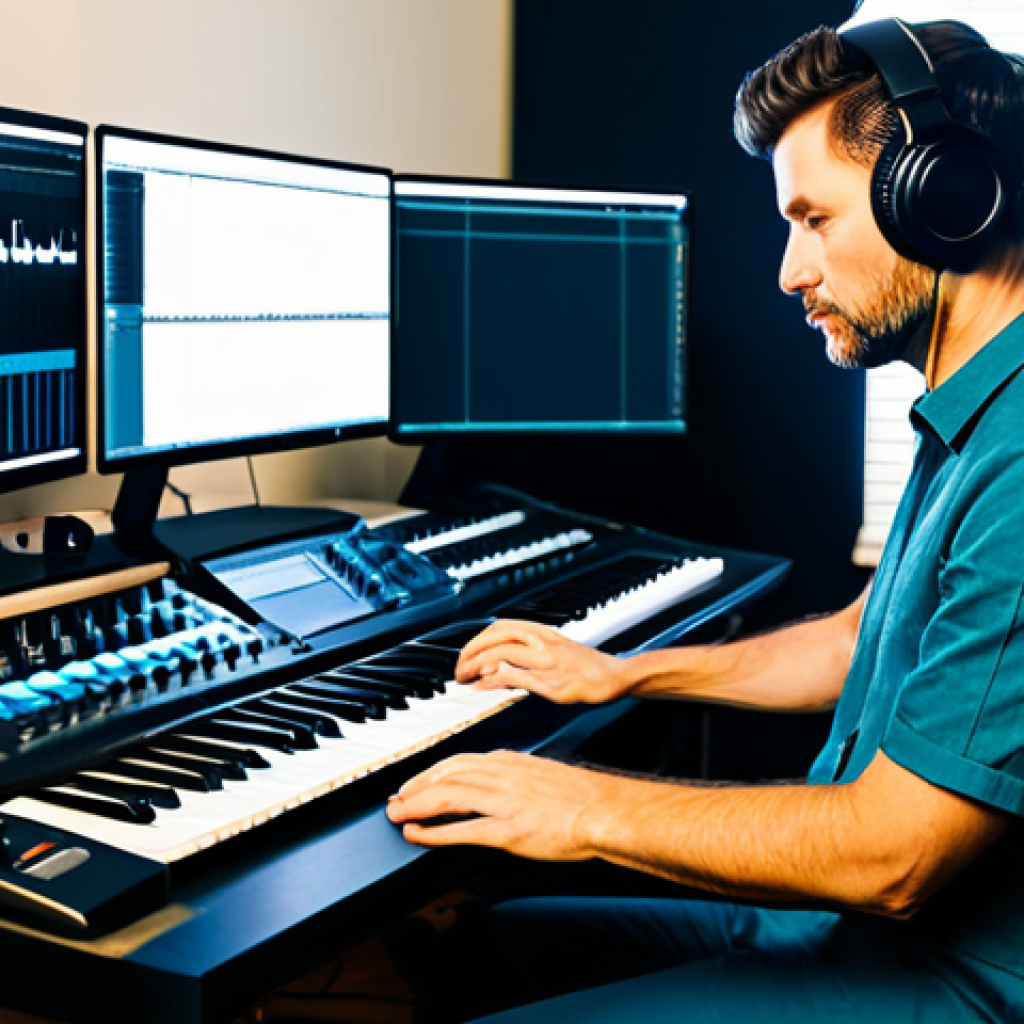 A professional composer, an adult in their 30s, in a modest yet stylish casual shirt and trousers, intently focused at a modern digital audio workstation (DAW) in a well-lit, organized home studio. Headphones are on, and their hands are positioned naturally near a mixing console and keyboard. The background shows soundproofed walls and a professional microphone, indicating a creative workspace. The overall atmosphere is one of deep concentration and innovation. fully clothed, appropriate attire, safe for work, perfect anatomy, correct proportions, natural pose, well-formed hands, proper finger count, natural body proportions, professional, high quality, studio photography.