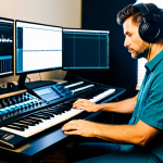 A professional composer, an adult in their 30s, in a modest yet stylish casual shirt and trousers, intently focused at a modern digital audio workstation (DAW) in a well-lit, organized home studio. Headphones are on, and their hands are positioned naturally near a mixing console and keyboard. The background shows soundproofed walls and a professional microphone, indicating a creative workspace. The overall atmosphere is one of deep concentration and innovation. fully clothed, appropriate attire, safe for work, perfect anatomy, correct proportions, natural pose, well-formed hands, proper finger count, natural body proportions, professional, high quality, studio photography.