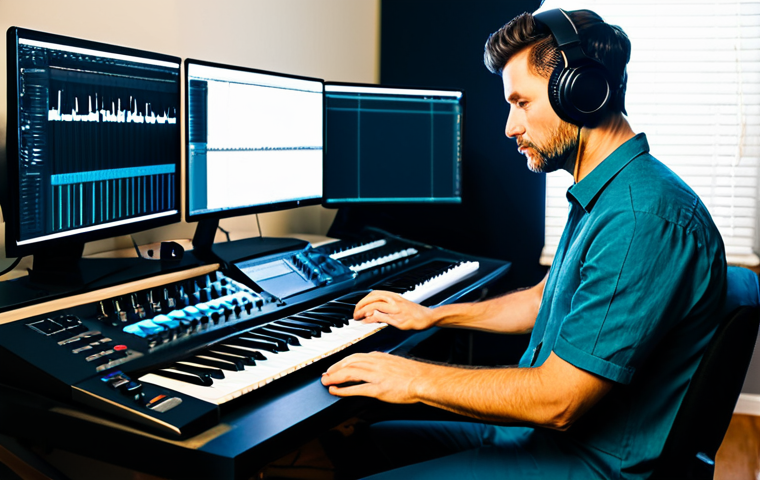 A professional composer, an adult in their 30s, in a modest yet stylish casual shirt and trousers, intently focused at a modern digital audio workstation (DAW) in a well-lit, organized home studio. Headphones are on, and their hands are positioned naturally near a mixing console and keyboard. The background shows soundproofed walls and a professional microphone, indicating a creative workspace. The overall atmosphere is one of deep concentration and innovation. fully clothed, appropriate attire, safe for work, perfect anatomy, correct proportions, natural pose, well-formed hands, proper finger count, natural body proportions, professional, high quality, studio photography.