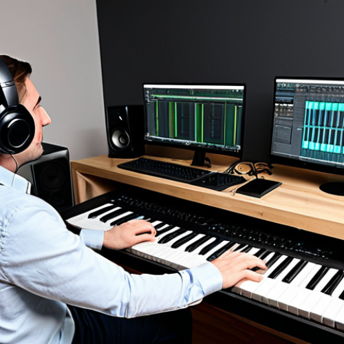 Home 20 A focused individual, fully clothed in a modest, comfortable long-sleeved shirt, deeply engaged in music creation within a modern home studio setting. The person is seated at a well-organized desk, meticulously interacting with a professional MIDI keyboard and a large computer monitor displaying a sophisticated Digital Audio Workstation (DAW) interface with virtual instruments. Studio headphones rest on the desk, and subtle acoustic panels adorn the background walls, illuminated by soft, professional lighting.
safe for work, appropriate content, fully clothed, professional, perfect anatomy, correct proportions, well-formed hands, proper finger count, natural body proportions, high quality, detailed, natural pose.