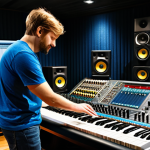 작곡가 자격증과 아티스트 매니지먼트 - **Subject:** A music producer in a professional recording studio, working at a mixing console. **Clo...