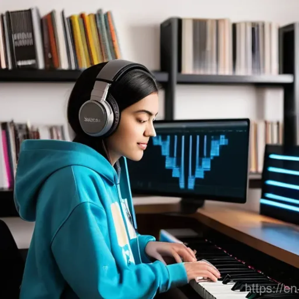 작곡가 자격증 준비생의 일상 - A focused female music producer, in her late 20s, wearing a comfortable yet stylish oversized hoodie...