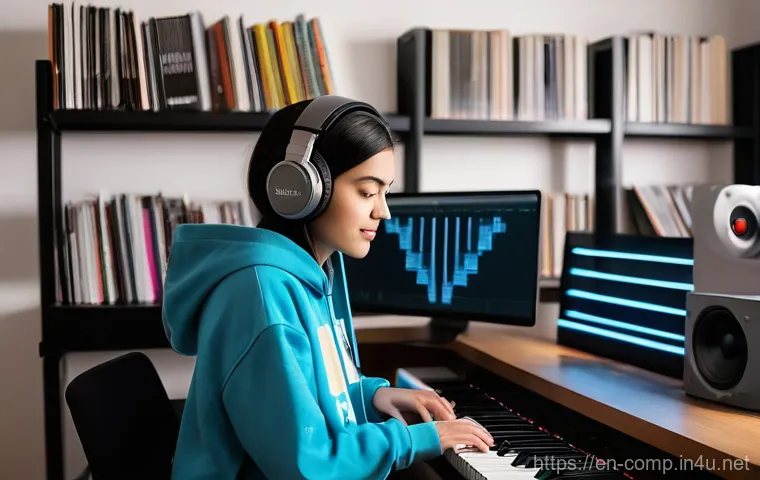 작곡가 자격증 준비생의 일상 - A focused female music producer, in her late 20s, wearing a comfortable yet stylish oversized hoodie...