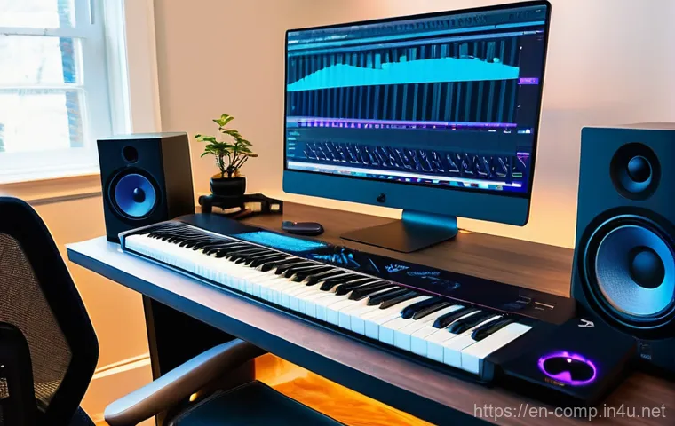 작곡가 자격증과 단기 프로젝트 사례 - **Modern Composer in a Dynamic Home Studio.**
    A focused composer, dressed in stylish but comfort...