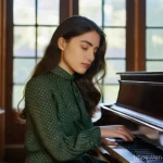 작곡가 자격증과 밴드 작곡 경험담 - A focused female composer, in her late 20s, with a serious yet inspired expression, sits at a vintag...