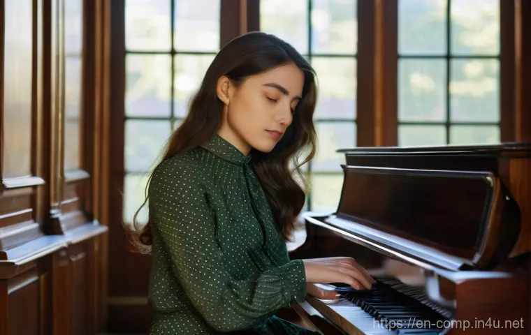 작곡가 자격증과 밴드 작곡 경험담 - A focused female composer, in her late 20s, with a serious yet inspired expression, sits at a vintag...