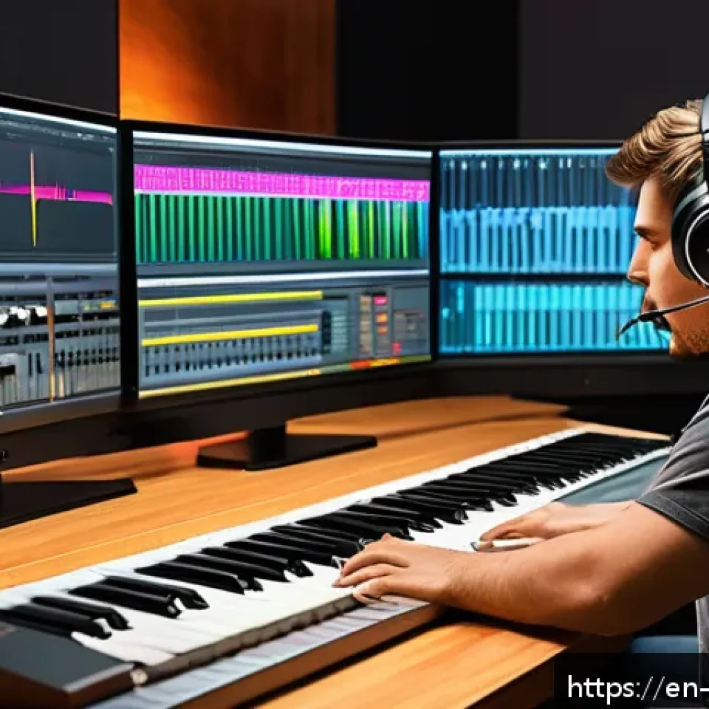 작곡가 자격증과 음향 기술 통합 - A modern music studio interior showcasing a creative professional at work, blending music compositio...