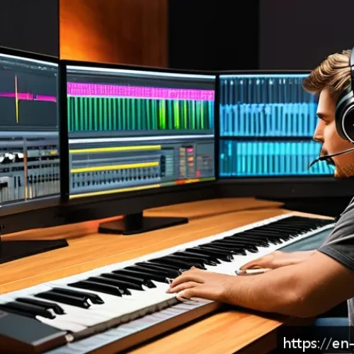 작곡가 자격증과 음향 기술 통합 - A modern music studio interior showcasing a creative professional at work, blending music compositio...