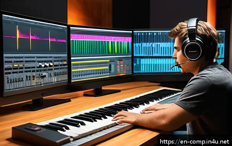 작곡가 자격증과 음향 기술 통합 - A modern music studio interior showcasing a creative professional at work, blending music compositio...