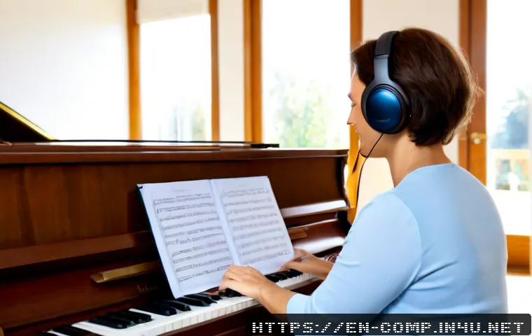 작곡가 자격증 취득자의 성공 사례 - Photorealistic success story of a certified composer in a bright home music studio, confident middle...