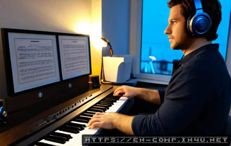 작곡가 자격증과 사운드트랙 작곡 - Photorealistic cinematic home studio scene, a focused adult composer wearing casual professional clo...
