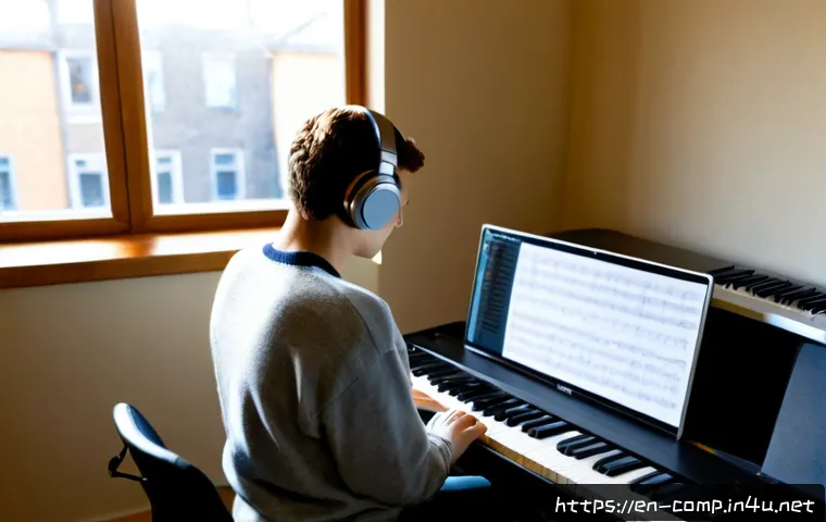 작곡가 자격증과 독학 성공 사례 - Photorealistic home music studio scene of a determined young adult self-taught composer wearing casu...